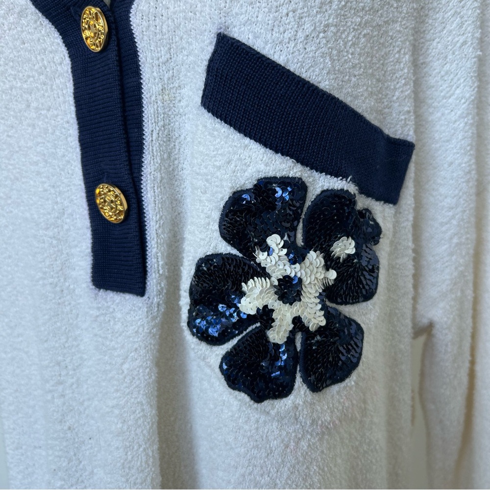 Vintage Escada White & Navy Terry Sequin Collar Button Up Long Sleeve Polo - Picture 7 of 16